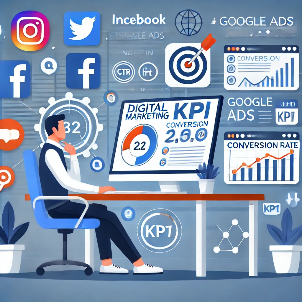 Esperto di digital marketing analizza i dati di una campagna pubblicitaria online su uno schermo.