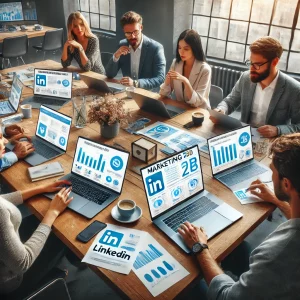 Un team di professionisti lavora in un ufficio moderno su strategie di marketing B2B su LinkedIn, analizzando dati e report su laptop.
