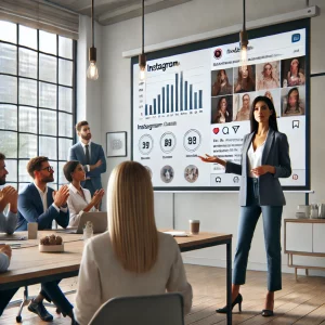 Stratega social media presenta i risultati di una campagna Instagram al team