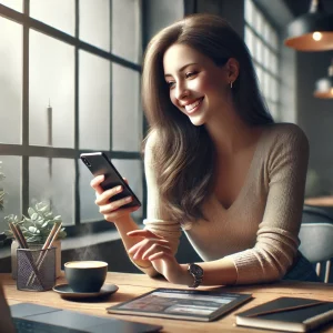 Donna che utilizza lo smartphone alla scrivania per condividere contenuti generati dagli utenti sui social media
