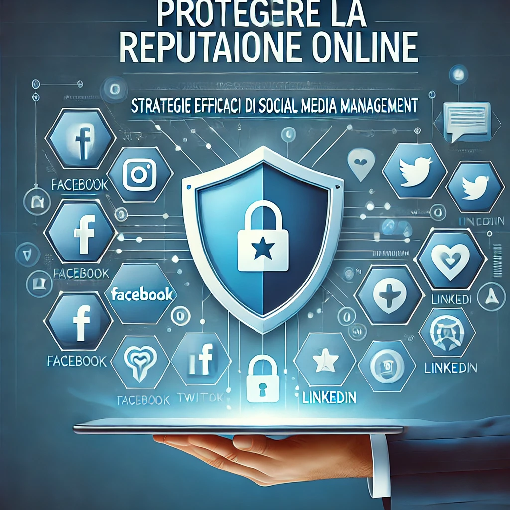 Miniatura con icone dei social media (Facebook, Twitter, LinkedIn) e simboli di protezione digitale come uno scudo, con il testo "Proteggere la reputazione online".