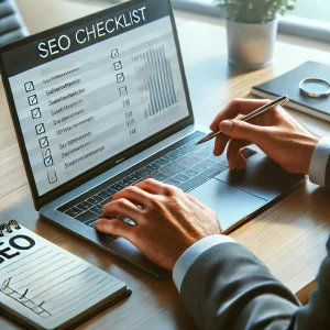 Persona al lavoro su una SEO checklist per il lancio di un sito