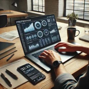 Persona che lavora alla scrivania con laptop, tazza, taccuino e smartphone