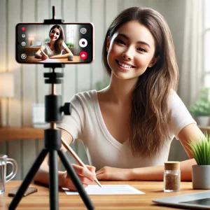 Donna che registra un video verticale con lo smartphone in modalità selfie per i social media
