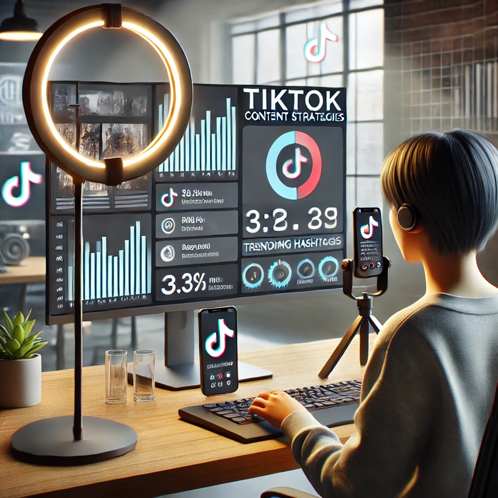 Creatore digitale che registra video TikTok con ring light e analisi in tempo reale sullo schermo