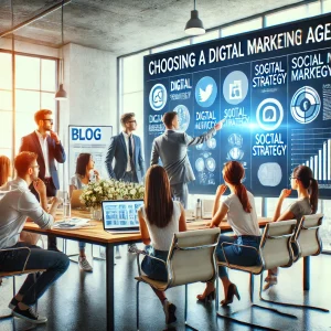 Team di marketing che discute la scelta dell’agenzia digitale in riunione