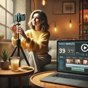 Donna che registra un video marketing con budget ridotto in un caffè accogliente
