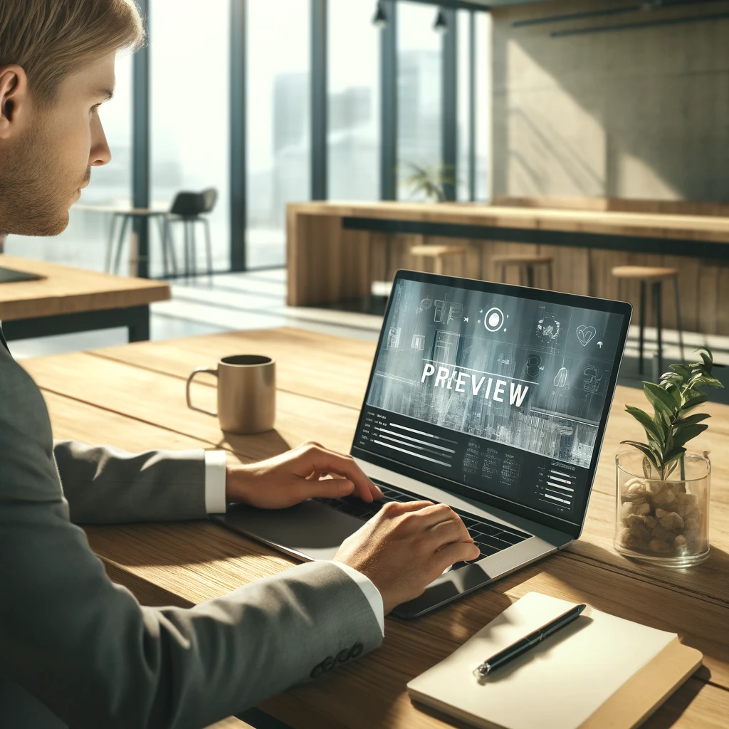 Professionista che analizza dati di una campagna video al laptop in un ufficio moderno