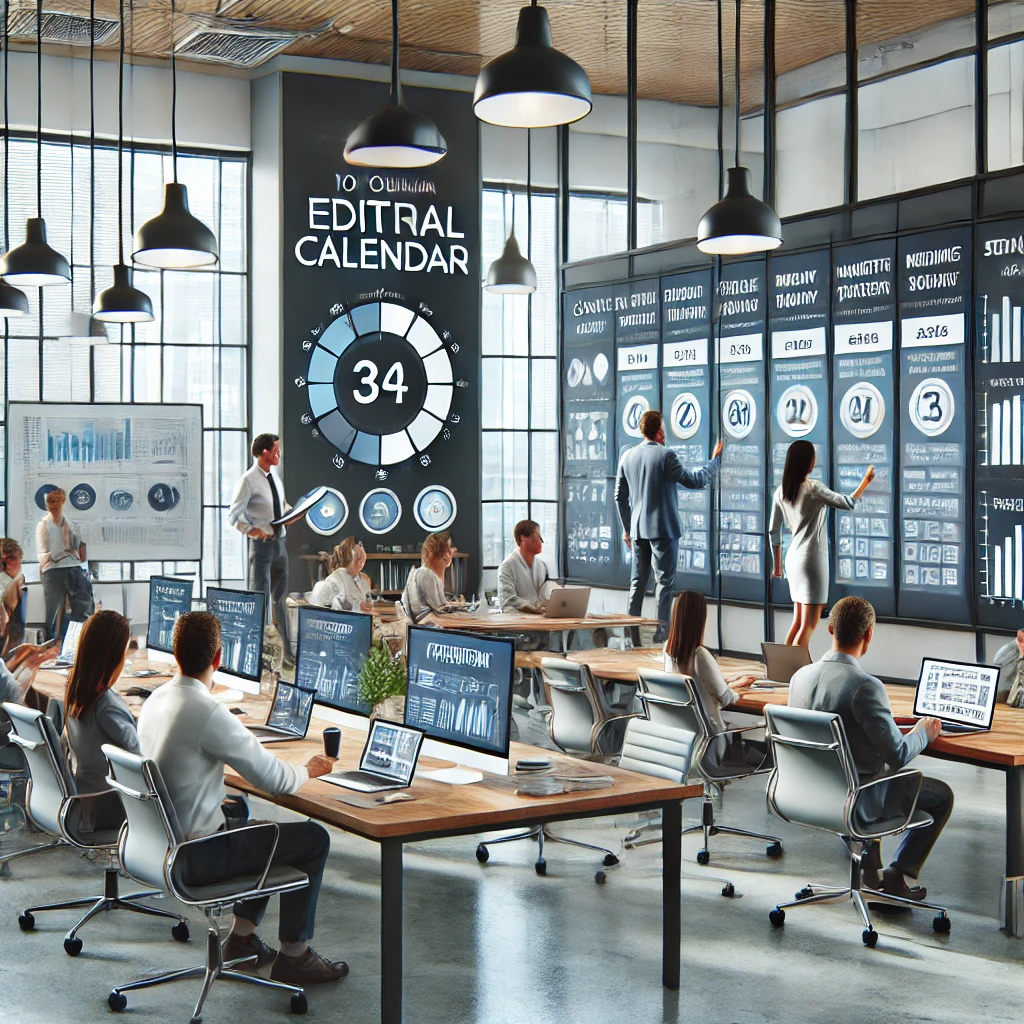 Pianificazione avanzata di un calendario editoriale in un ufficio moderno