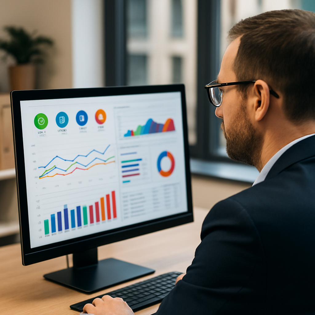 Uomo in ufficio analizza dati di benchmarking sui social media