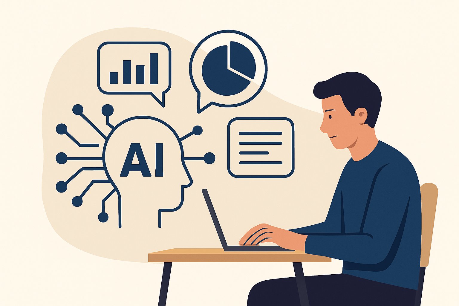 Illustrazione concettuale di un uomo che lavora al laptop con icone AI e grafici