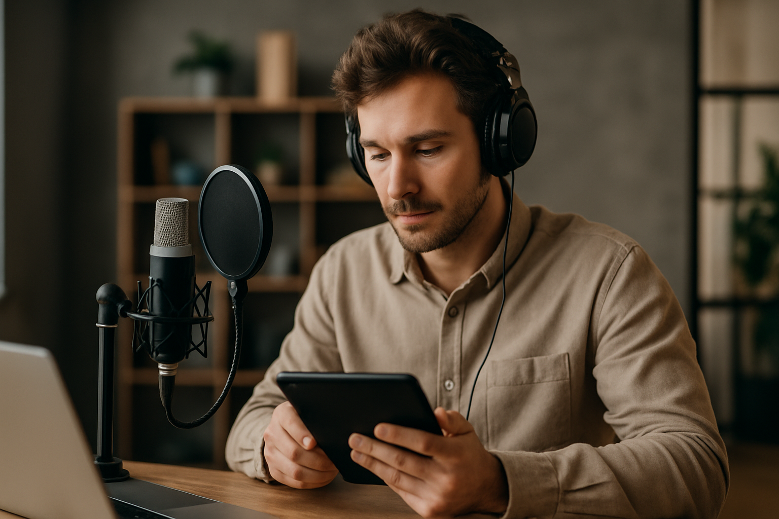Creatore di contenuti audio durante una sessione di registrazione in studio