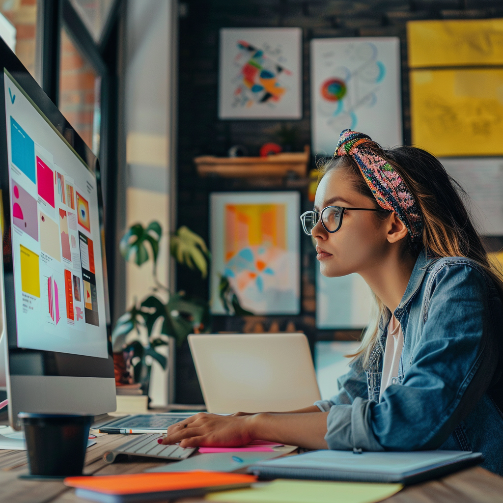 Donna che lavora su visual per social media in un ufficio moderno