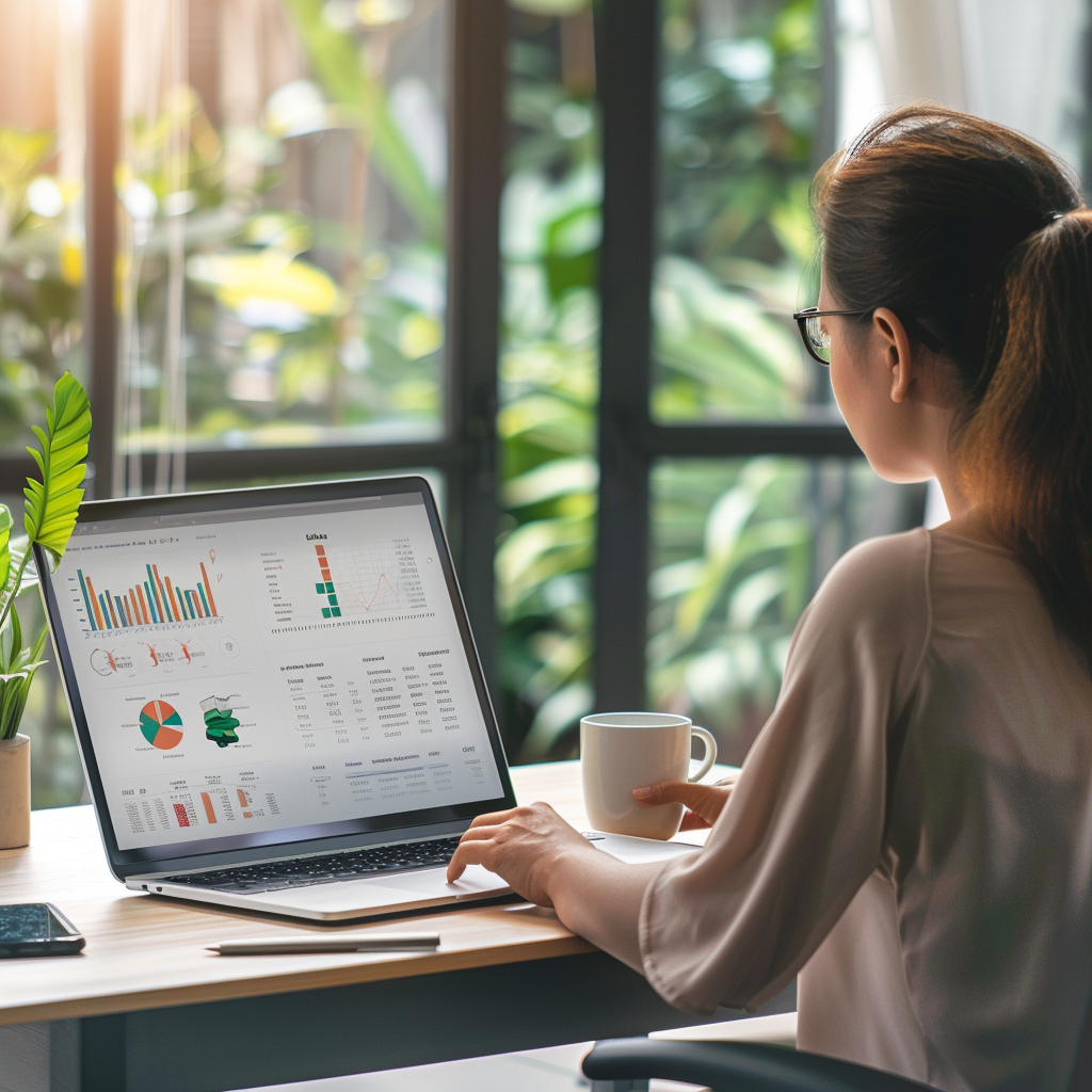 Donna che lavora su laptop creando contenuti di qualità per il social media marketing